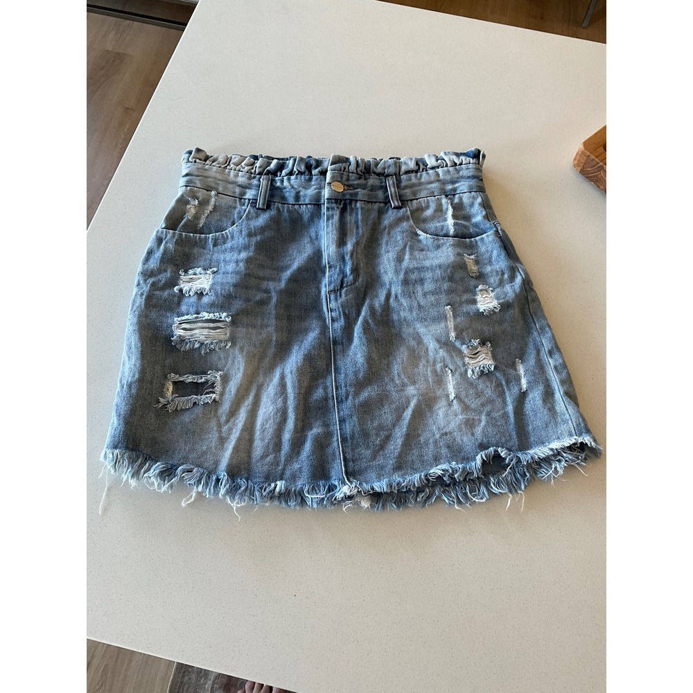 Hayden Los Angeles Distressed Paperbag Waist Denim Mini Skirt Light Wash Large
